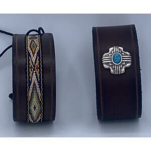 Tandy Brown Cuff Bracelet Set Of 2 W/ Stitched Native, TURQUOISE Southwestern